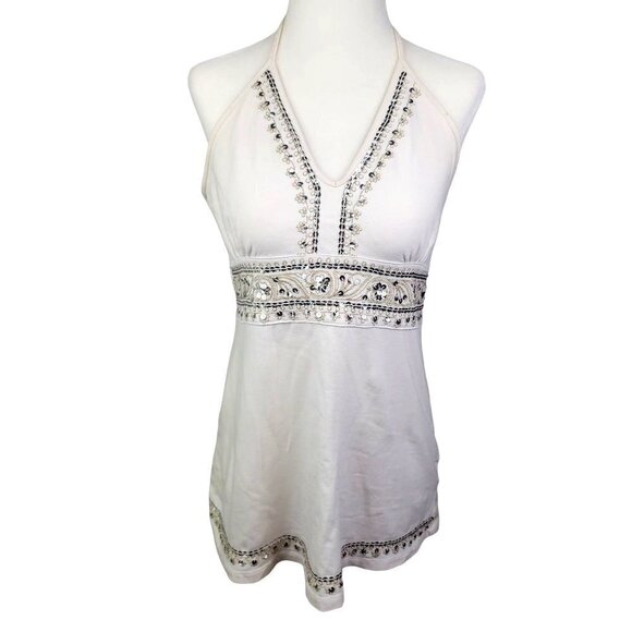 Dynamite Y2K Cream Empire Waist Halter Top Sequin Gold Embroidered Details Large - Picture 1 of 13